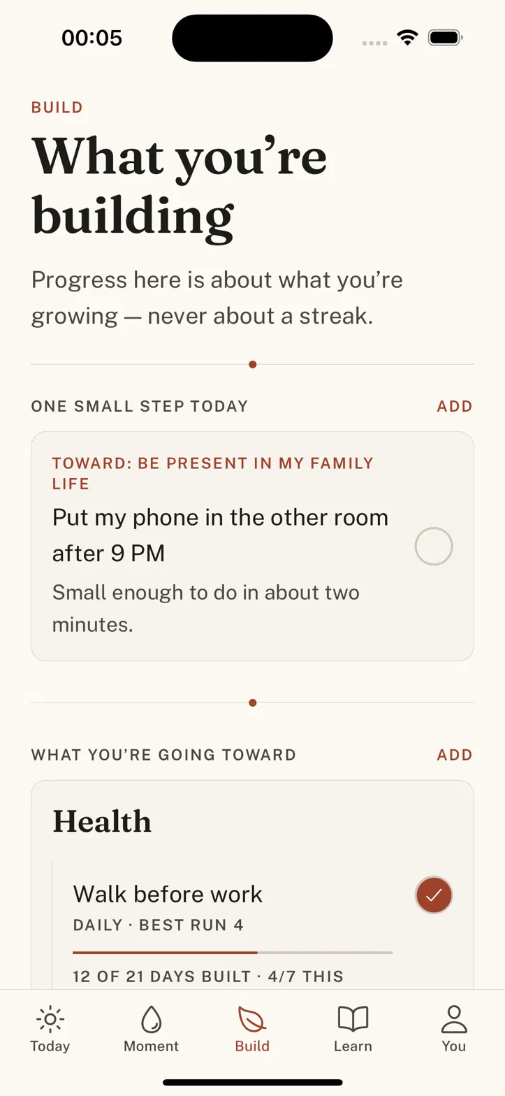 Meridin Build screen — values with nested habits and progress toward what replaces the loop