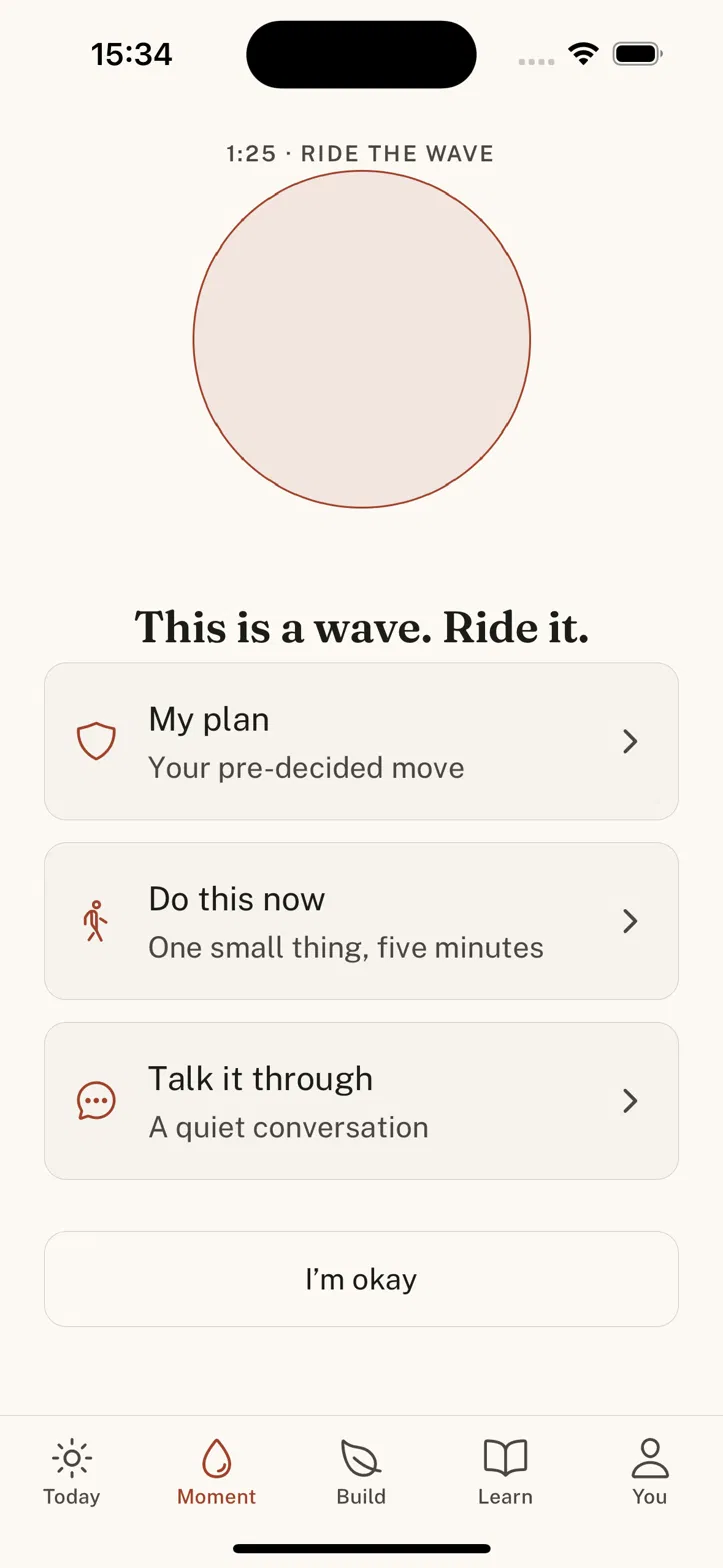 Meridin urge-timer screen — a plan to follow through the moment