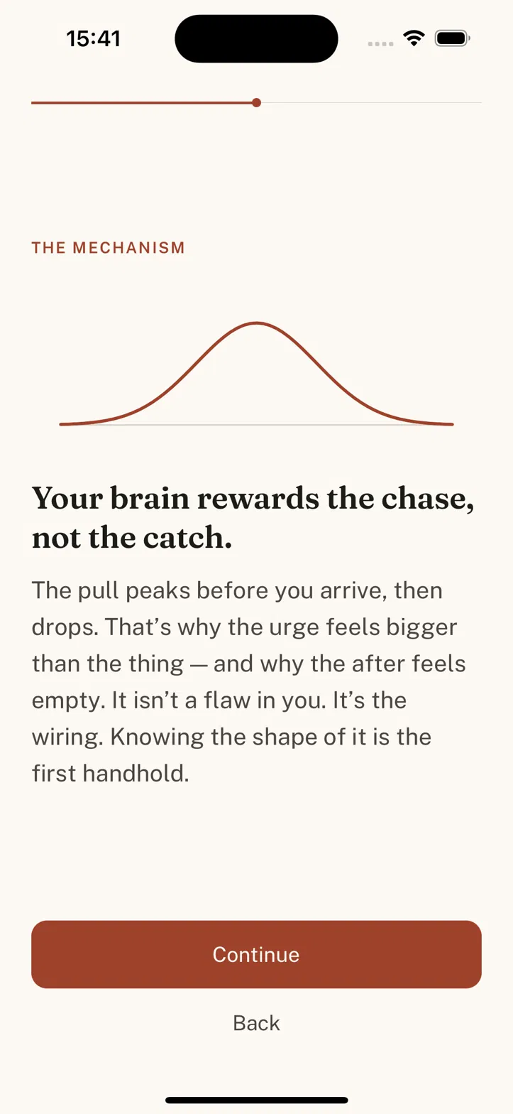 Meridin onboarding screen illustrating why the urge feels bigger than the reality