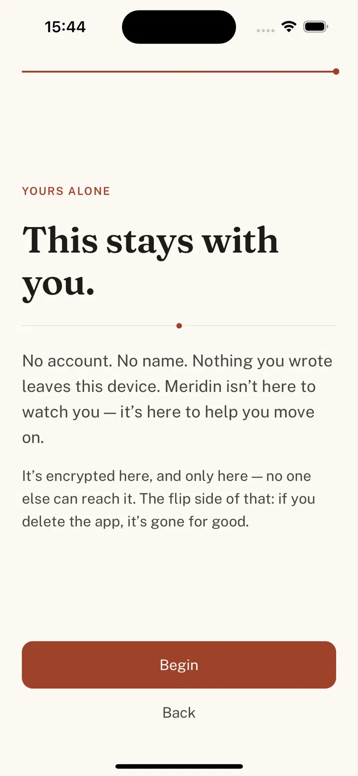 Meridin onboarding privacy screen — This stays with you